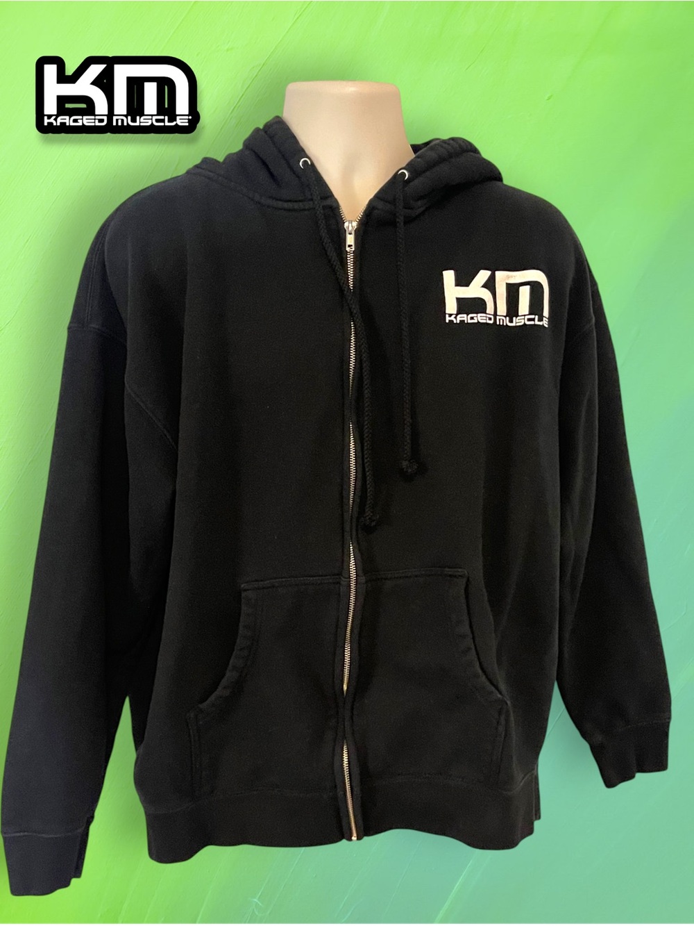 Kaged Muscle Black Full-Zip Logo Hoodie Gym Pump Cover Men's XL